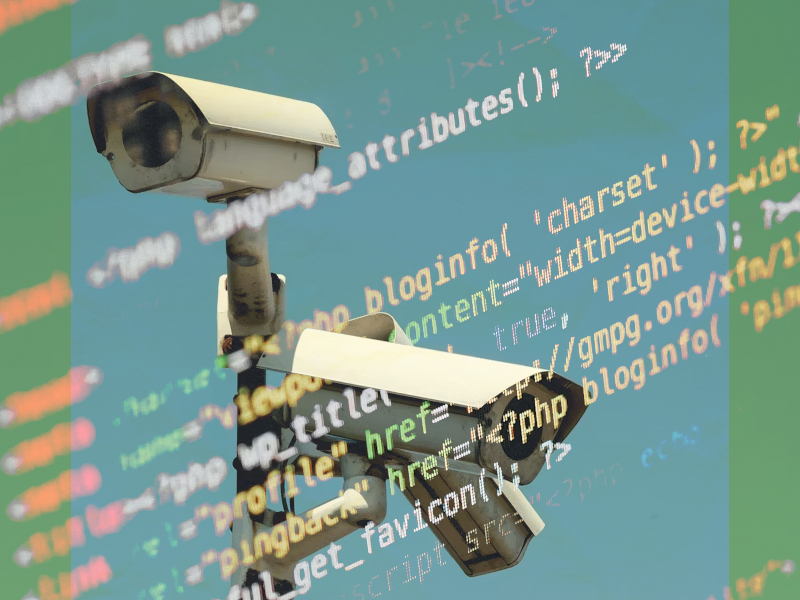 Graphic of surveillance cameras and digital code to convey a message of contemporary issues.
