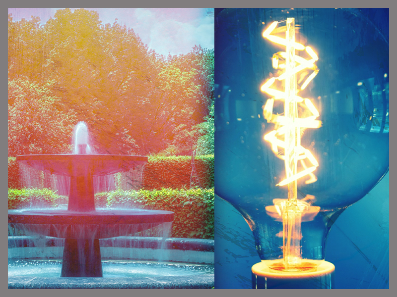 A picture of a fountain and a light bulb.